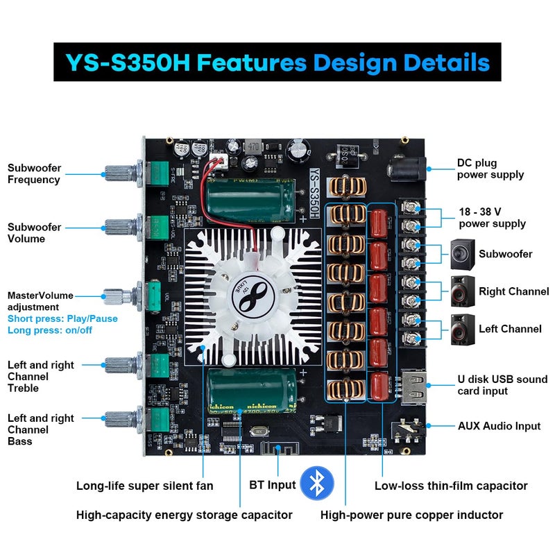 Hosyond مضخم صوت بلوتوث YS-S350H TPA3251 بقوة 2.1 قناة 220 واط × 2 + 350 واط للصبووفر، مضخم صوت فئة D عالي الدقة مع مدخل USB/AUX/USB، تحكم في الجهير والتريبل لمكبرات الصوت المنزلية DIY - Image 2